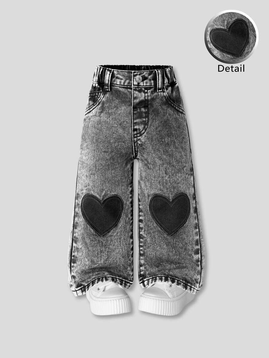 SHEIN ChillGRL 女童休閒直筒寬腿刺繡愛心甜酷百搭簡約 2025 新款四季多口袋水洗牛仔褲,適合日常穿著 - 黑色 - 查看 1