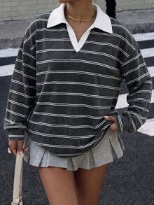 Muchica 女款 Polo 領長袖寬鬆休閒運動衛衣，黑白條紋圖案，簡約運動街頭風，百搭聚會機場穿搭 Y2K 上衣，女款秋季服飾，秋季穿搭，女款通勤穿搭，百搭上衣，外出穿搭，機場穿搭 - 彩色 - 查看 3