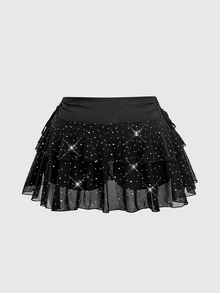 SHEIN MOD Plus Size Black Sequin Tank Top & Cake Skirt 2 Pieces Set, Autumn/Winter Party Outfit, Spring/Summer All-Season Wear, Holiday & Date Night Look - Black - View 7