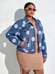Slaydiva Plus Size Women's Polka Dot Pattern Distressed Single-Breasted Denim Jacket - Dark Wash - View 3