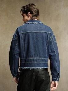 ROMWE MEN Street Life Men's Contrast Color Washed Short Denim Jacket, Distressed Frayed Hem With Rivet Decor, Turned-Up Collar, Y2K Punk Gothic Street Style Hip Hop Rock Loose Fit Short Denim Top, Suitable For Casual Daily Wear, Nightclub, Street Fashion - Blue - View 3