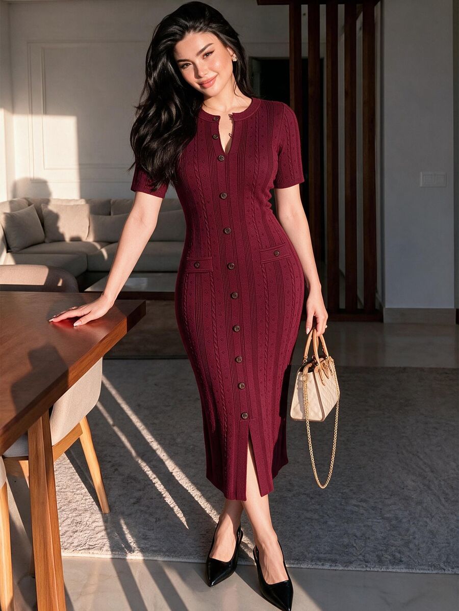 Modelyn Women's Twisted Rope Single-Breasted Waist-Cinching Elegant Autumn/Winter Sweater Dress