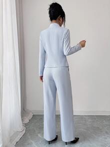 Elenzga 女款條紋青蛙鈕扣設計長袖中式夾克 - 藍色 - 查看 2