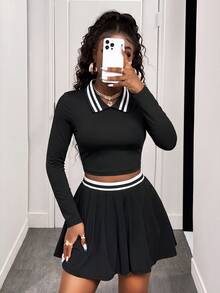 Glyssa Women's Patchwork Striped Collar Long Sleeve T-Shirt And Pleated Skirt Casual Set - Black - View 5