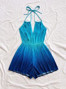 Soleia Romper Wanita Ukuran Besar Warna Biru Gradien dengan Lipatan Tusuk Gigi, Leher V, Tali Belakang Halter, Pinggang Terikat, Potongan Kaki Lebar dan Bervolume - Biru - View 6