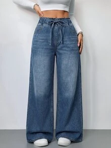 SHEIN PETITE 女款時尚繫帶口袋寬鬆寬腿牛仔褲，適合日常與夜生活，藍色夏季休閒街頭風 - 深色水洗藍 - 查看 4