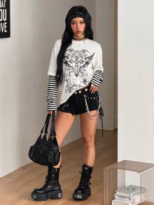 Coolane 女款秋冬街頭風休閒波希米亞學院風搖滾龐克哥德風純棉印花寬鬆上衣 - 白色 - 查看 4