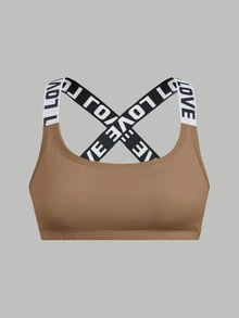 SHEIN 青少年女孩黑色灰色粉色英文字母編織帶拼接運動內衣 買1件送2件 - 卡其色 - 查看 8