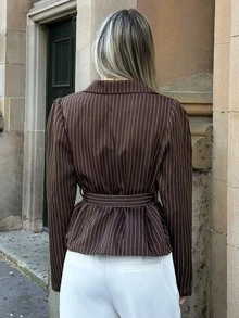 Aloruh Women's Striped Pleated Casual Commute Blazer - Coffee Brown - View 2