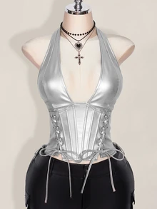 SHEIN ICON 大尺碼女款純色簡約休閒 PU 皮革掛脖式綁帶背心，鉚釘裝飾，Y2K 外出穿搭，酒紅色 V 領露肩上衣 - 銀色 - 查看 3