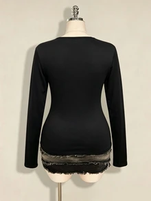 INAWLY Plus Size Women's Casual Y2K Solid Color Print Halloween Long Sleeve T-Shirt - Black - View 2