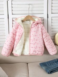 LMoss Kids 少女編織愛心圖案連帽拼接仿皮草內裡休閒加厚外套，秋季服飾，冬季衣物，秋季新款 - 黑色 - 查看 5