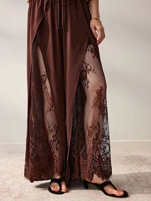Willow Rêve Women's Brown Chiffon Lace Patchwork Loose Straight Leg Pants - Brown - View 3