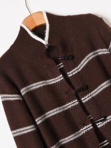 Rusticease Sweater Wanita Musim Gugur Musim Dingin Elegan Kasual Kancing Tanduk Wanita Lengan Panjang Bergaris Kardigan Rajut Pakaian Tahun Baru Atasan Bergaris Cokelat - Coklat - View 4