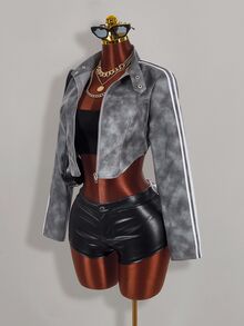 Amplova Autumn/Winter Fur Collar Patchwork PU Women's Jacket - Grey - View 9