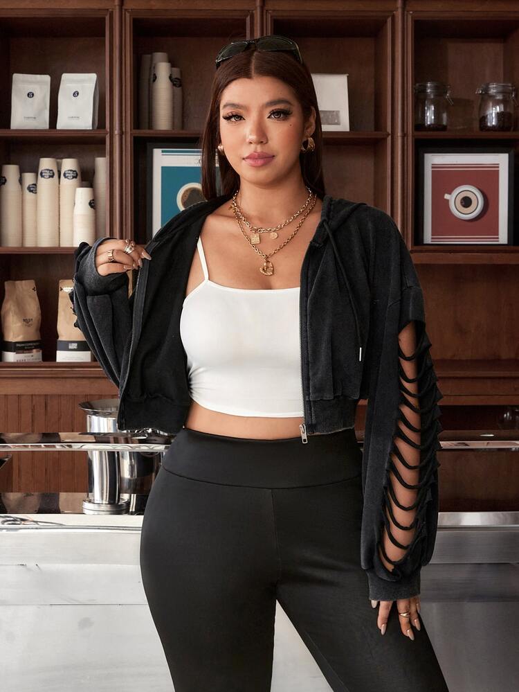 Muchica Plus Size Women Solid Color Cutout Long Sleeve Zipper Front Casual Drawstring Hooded Sweatshirt - Dark Grey - View 6