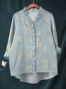 Linhara CURVE Plus Size Autumn/Winter Casual Green Frill Trim V-Neck Long Sleeve Printed Blouse - Green - View 1