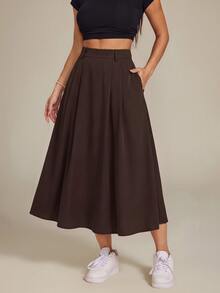 Vivamere Women's Solid Color High Waist Pocket Casual Commute Skirt - Brown - View 3