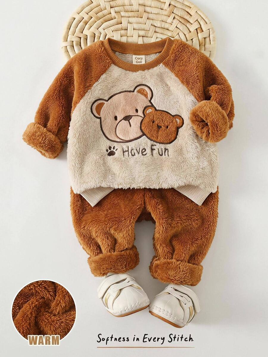 SHEIN Baby Boy Casual Comfortable Versatile Cute Cartoon Bear Print Crew Neck Sweatshirt & Sweatpants Set - Multicolor - View 1