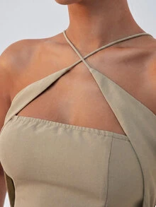 Hauture Women's Solid Color Asymmetrical Hem Criss-Cross Design Halter Tank Top - Khaki - View 5