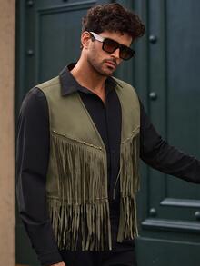 HIMLAND Men's Solid Color Tassel Design Casual Versatile Vest Jacket - Army Green - View 7