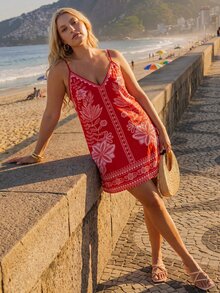 CAJUNI Plus Size Women's Floral Print Casual Spaghetti Strap Vacation Dress - Red - View 6