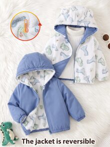 LMoss Kids 兒童男嬰可正反穿實用 3D 耳朵卡通恐龍連帽長袖人造毛外套，舒適百搭時尚可愛休閒日常穿著極簡百搭款，秋冬 - 彩色 - 查看 3