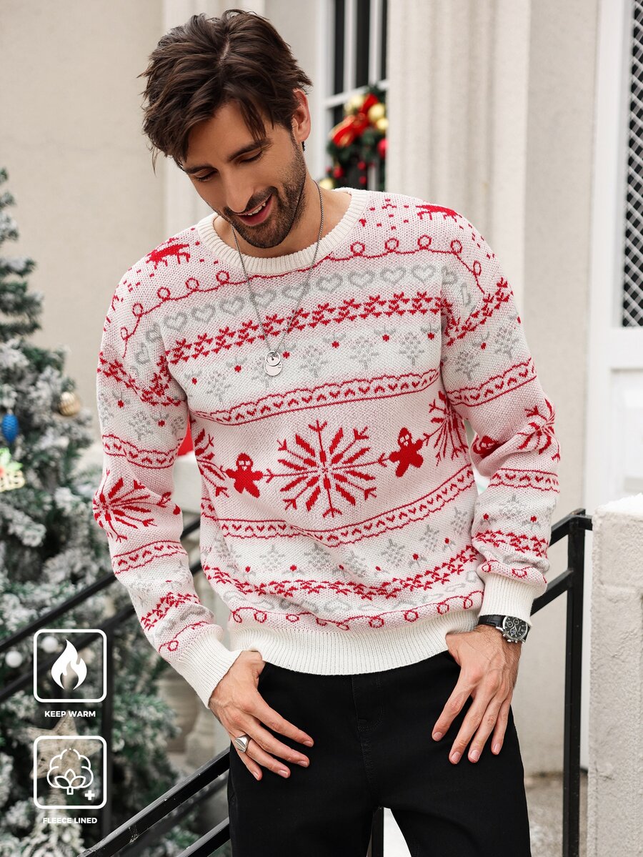 Manfinity Men's Fashion Jacquard Long Sleeve Sweater, Versatile For Holidays - Red - View 1