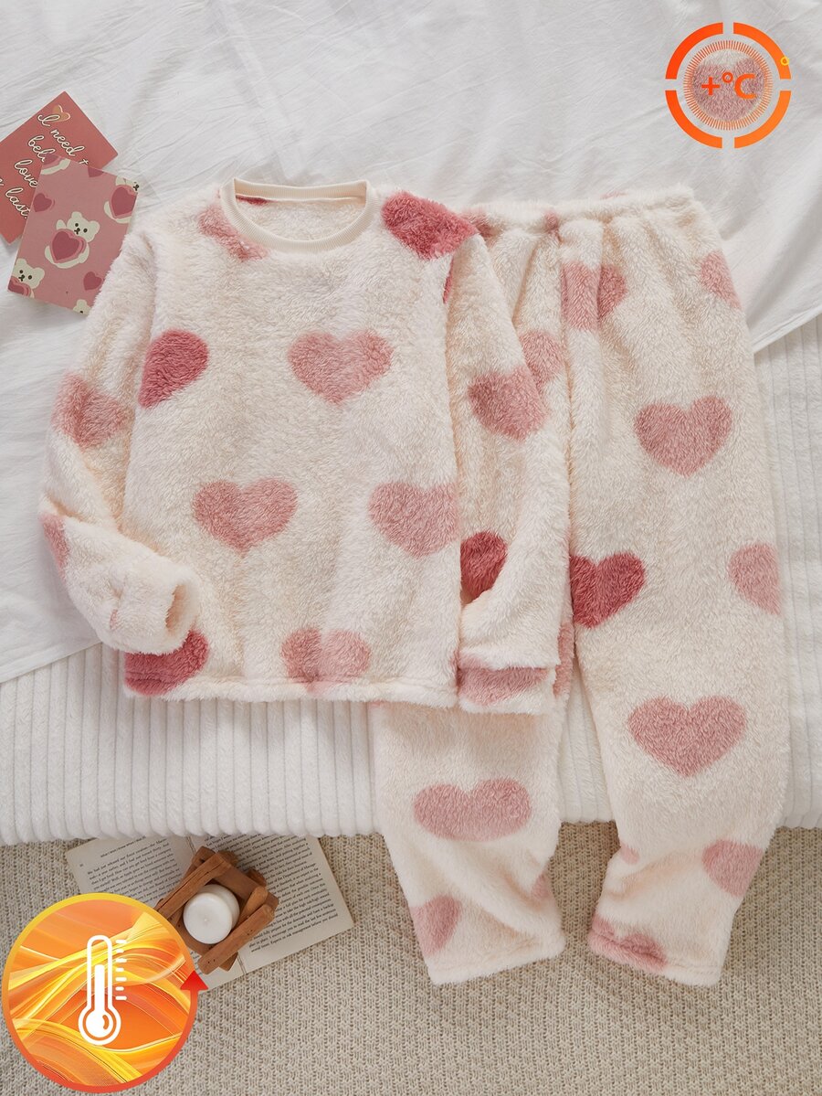Set Pakaian Santai Atasan Lengan Panjang dan Celana Motif Hati untuk Anak Perempuan Remaja - Baby Pink - View 1