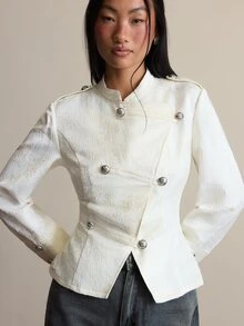 COSMINA Atasan Jacquard Kancing Gaya Napoleon Elegan Kasual Wanita - Aprikot - View 4