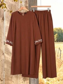 Rusticease Women's Floral Embroidered Round Neck Long Shirt And Pants Casual 2 Pieces Set - Coffee Brown - View 1
