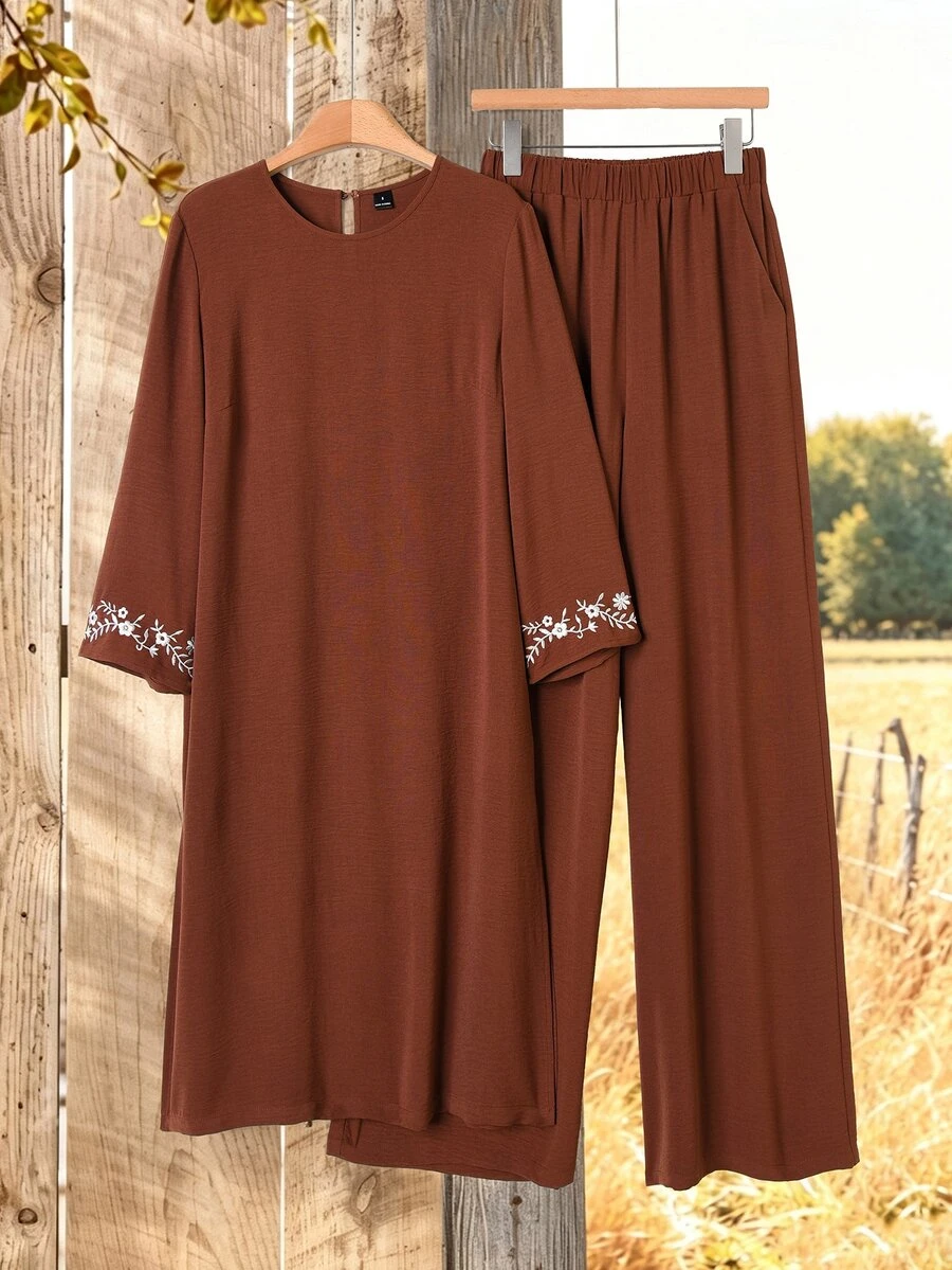Rusticease Women's Floral Embroidered Round Neck Long Shirt And Pants Casual 2 Pieces Set - Coffee Brown - View 1