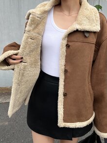 FRIFUL Women's Solid Color Single-Breasted Thermal-Lined Casual Loose Regular Fit Jacket - Brown - View 6