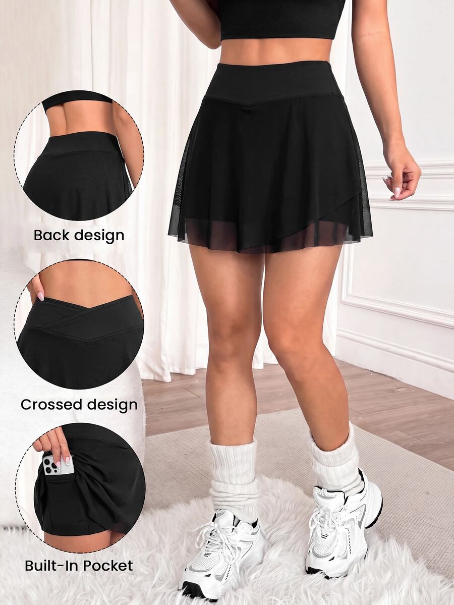 SHEIN Unity Plus Size Athletic Casual Skort With Criss-Cross Mesh Layered Mini Skirt And Fitted Undershorts, Tennis Sport Style - Black - View 1