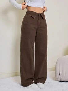 SHEIN Tall 女款折腰寬腿寬鬆休閒牛仔褲，適合女性教師穿搭 - 棕色 - 查看 6