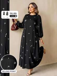 SHEIN CURVE+ Plus Size Round Neck Lantern Sleeve Long Sleeve Floral Print Dress Fall - Multicolor - View 1