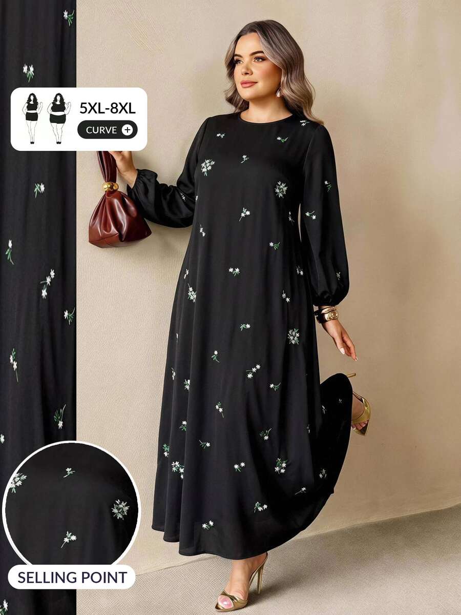 SHEIN CURVE+ Plus Size Round Neck Lantern Sleeve Long Sleeve Floral Print Dress Fall - Multicolor - View 1