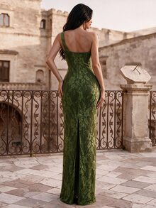 Coutiva Women's One Shoulder Lace Ruffle Mermaid Hem Sleeveless Elegant Formal Formal Prom Event Evening Gown (Heavy Embellished) Wedding Olive Green Winter - Army Green - View 2