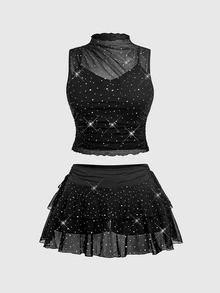 SHEIN MOD Plus Size Black Sequin Tank Top & Cake Skirt 2 Pieces Set, Autumn/Winter Party Outfit, Spring/Summer All-Season Wear, Holiday & Date Night Look - Black - View 1