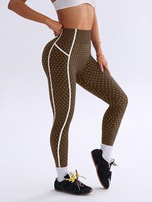 Dewbera Dewbera 女款波點印花高腰日常健身運動緊身褲 - 卡其色 - 查看 4