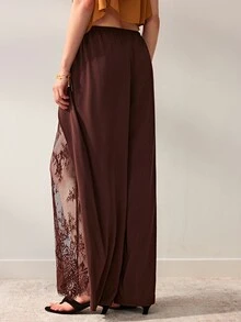 Willow Rêve Women's Brown Chiffon Lace Patchwork Loose Straight Leg Pants - Brown - View 2
