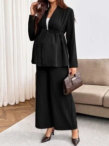 SHEIN طقم من قطعتين للحوامل: كارديجان بلون سادة مع ربطة خصر وبنطلون طويل بخصر قابل للتعديل - الأسود - مشاهدة 9