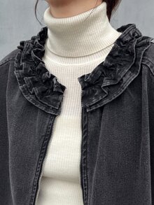 FRIFUL Women's Fashion Zipper Frill Trim Patchwork Denim Jacket - Black - View 5