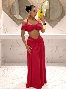Slaydiva Summer New Sexy Elegant Vacation Birthday Party, Back To School, College Style, Student Outfit, Casual Outing, All-Match Versatile Item, Casual, Vacation, Cruise Trip, Beach, Seaside, Sunbathing Halter Neck Straight Neckline Super Short Top And A-Line Ruched Long Skirt Orange Bright Color Women's Two Pieces Set-A - Red - View 5
