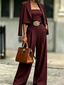 SHEIN Setelan Blazer dan Jumpsuit Kaki Lebar Wanita Elegan Bergaya Vintage Baru untuk Komuter, 2 Potong - Burgundy - View 1