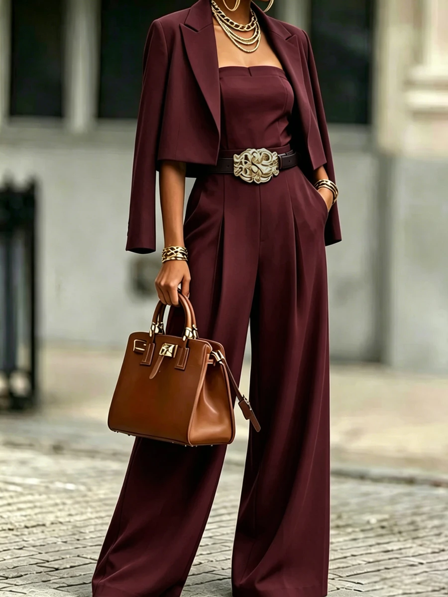 SHEIN Setelan Blazer dan Jumpsuit Kaki Lebar Wanita Elegan Bergaya Vintage Baru untuk Komuter, 2 Potong - Burgundy - View 1