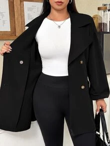 Muchica Plus Size Fashion Button Pocket Long Sleeve Trench Coat - Black - View 9