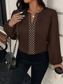 EMERY ROSE Plus Size Women Polka Dot Pattern Cutout V-Neck Lantern Sleeve Elegant Blouse - Brown - View 5
