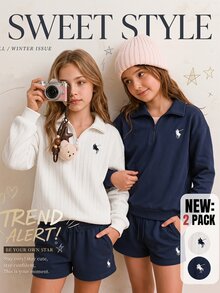 Tween Girls T-Shirt, 2pcs, Casual Fit, Daily Wear, Fashionable & Versatile, Round Neck, Printed, Cute, Comfortable, Pattern, Autumn, Loose - Multicolor - View 9