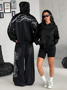Coolane Women's Autumn/Winter Thermal Lined Long Sleeve Embroidered Pattern Hooded Sweatshirt With Pockets - Black - View 2